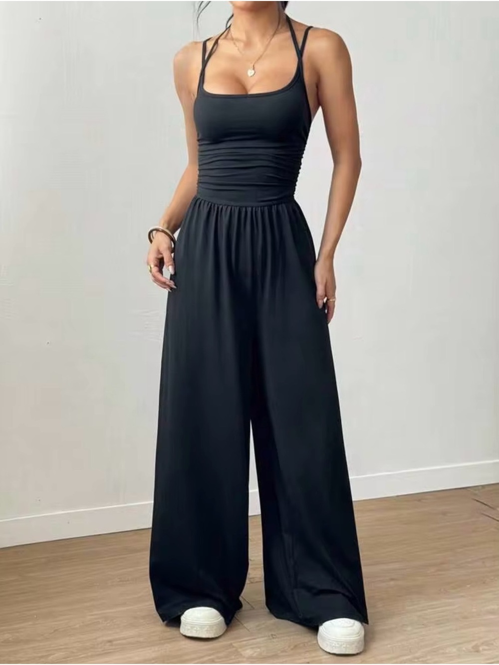 Black Wide-Leg Jumpsuit with Ruched Bodice Double Straps for Support. Stretchy